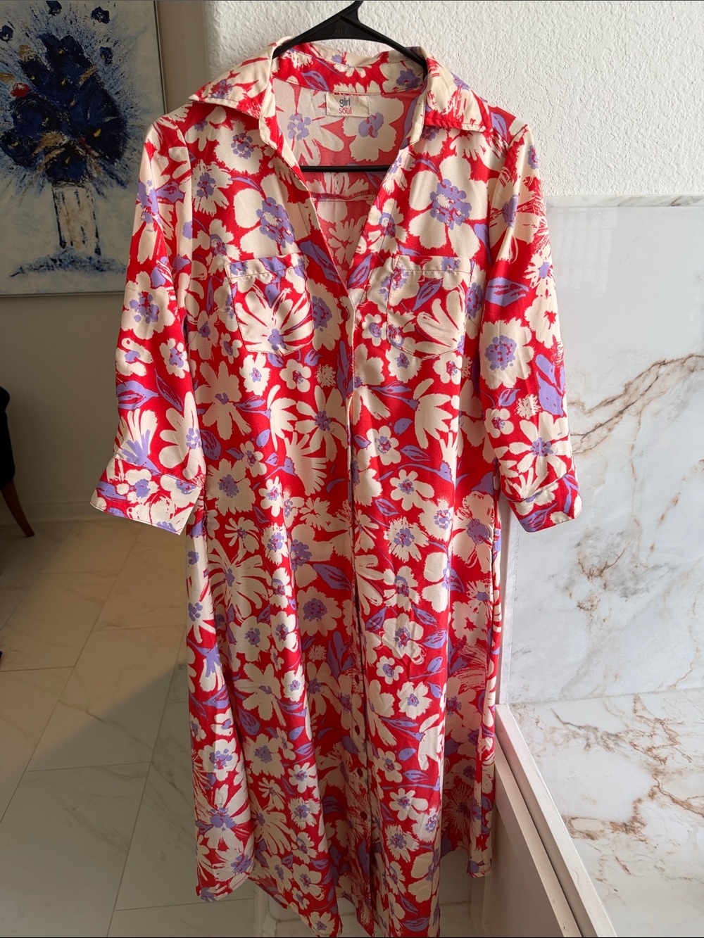 Floral Button-Front Shirt Dress in Red and Cream